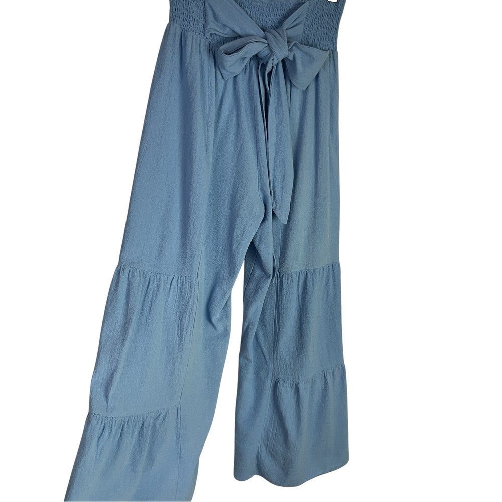 Womens Tiered Palazzo Pants Size M Blue Crop Wide Leg Smocked Waist Boho Beachy